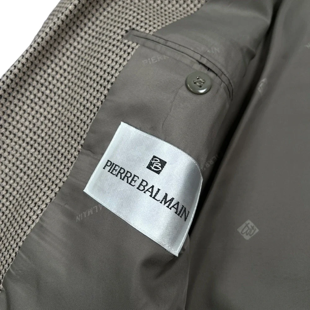 Pierre Balmain Blazer Men 44L Tan Taupe Weave Abstract Silk Wool Double Breasted